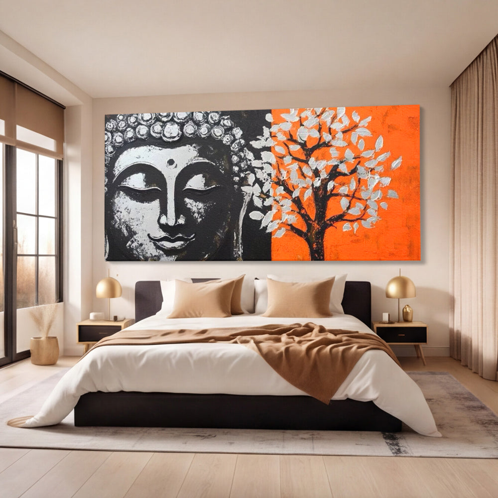 Leinwand Wandkunst Canvas Wandkunst Premium LuxCanva® I153, Lebensbaum, Buddha, Zen, Harmonie, Spiritualität, Energie, Balance, Meditation, Baum, Lebensbaum, Baumbeleuchtung, Orange Wohnen, Schlafzimmer