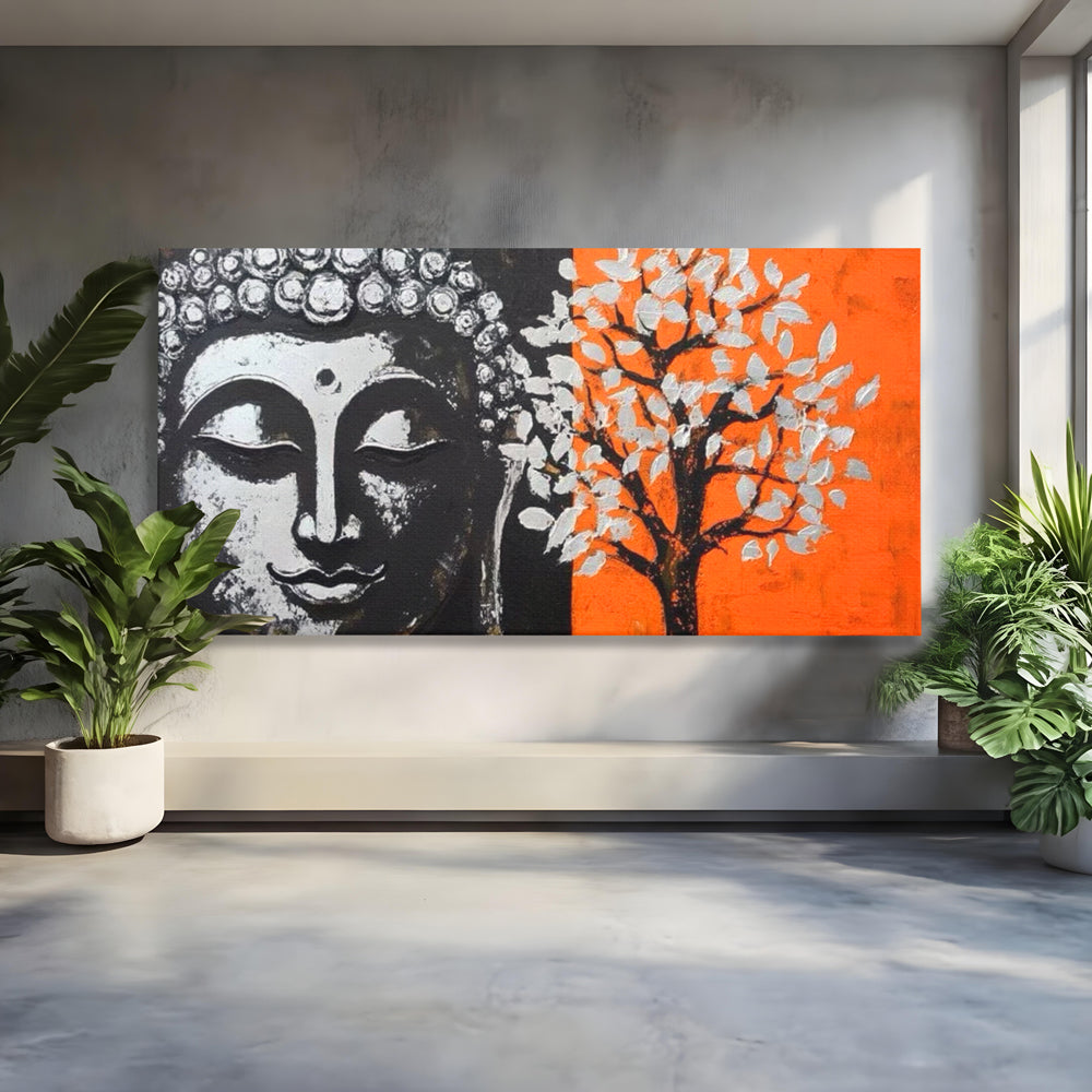 Leinwand Wandkunst Canvas Wandkunst Premium LuxCanva® I153, Lebensbaum, Buddha, Zen, Harmonie, Spiritualität, Energie, Balance, Meditation, Baum, Lebensbaum, Baumbeleuchtung, Orange Wohnen, Schlafzimmer