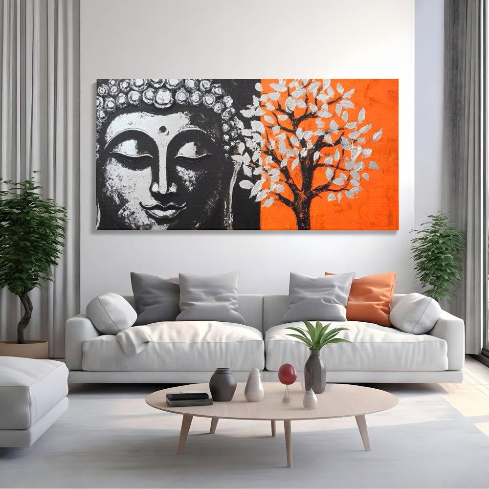 Leinwand Wandkunst Canvas Wandkunst Premium LuxCanva® I153, Lebensbaum, Buddha, Zen, Harmonie, Spiritualität, Energie, Balance, Meditation, Baum, Lebensbaum, Baumbeleuchtung, Orange Wohnen, Schlafzimmer