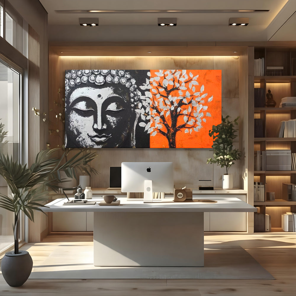 Leinwand Wandkunst Canvas Wandkunst Premium LuxCanva® I153, Lebensbaum, Buddha, Zen, Harmonie, Spiritualität, Energie, Balance, Meditation, Baum, Lebensbaum, Baumbeleuchtung, Orange Wohnen, Schlafzimmer