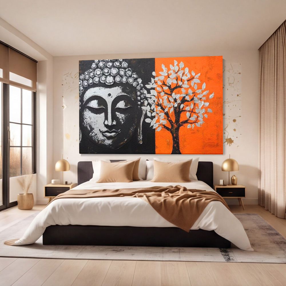 Leinwand Wandkunst Canvas Wandkunst Premium LuxCanva® I153, Lebensbaum, Buddha, Zen, Harmonie, Spiritualität, Energie, Balance, Meditation, Baum, Lebensbaum, Baumbeleuchtung, Orange Wohnen, Schlafzimmer