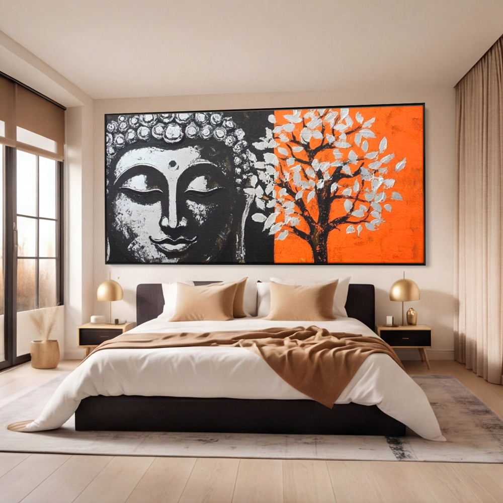 Leinwand Wandkunst Canvas Wandkunst Premium LuxCanva® I153, Lebensbaum, Buddha, Zen, Harmonie, Spiritualität, Energie, Balance, Meditation, Baum, Lebensbaum, Baumbeleuchtung, Orange Wohnen, Schlafzimmer