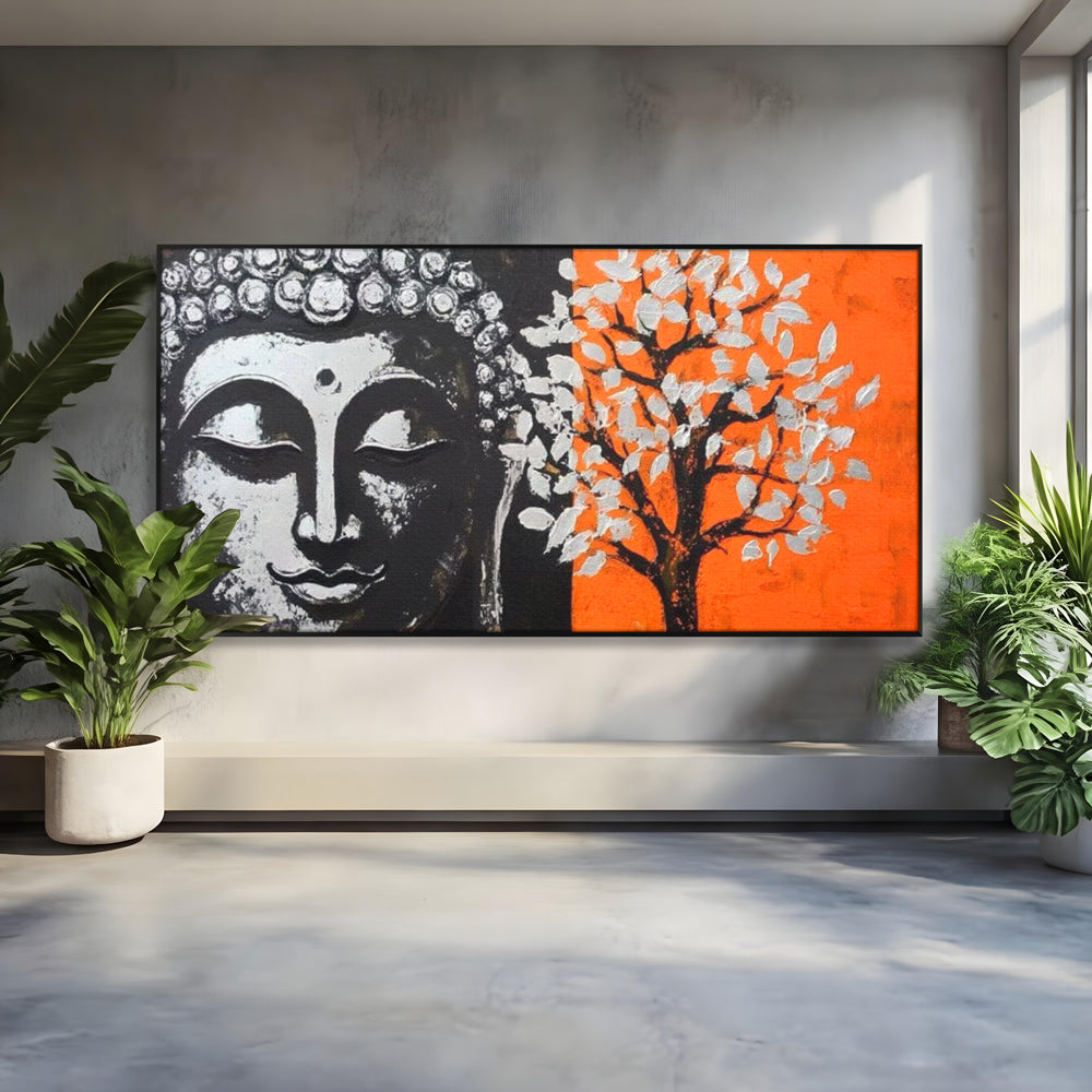 Leinwand Wandkunst Canvas Wandkunst Premium LuxCanva® I153, Lebensbaum, Buddha, Zen, Harmonie, Spiritualität, Energie, Balance, Meditation, Baum, Lebensbaum, Baumbeleuchtung, Orange Wohnen, Schlafzimmer