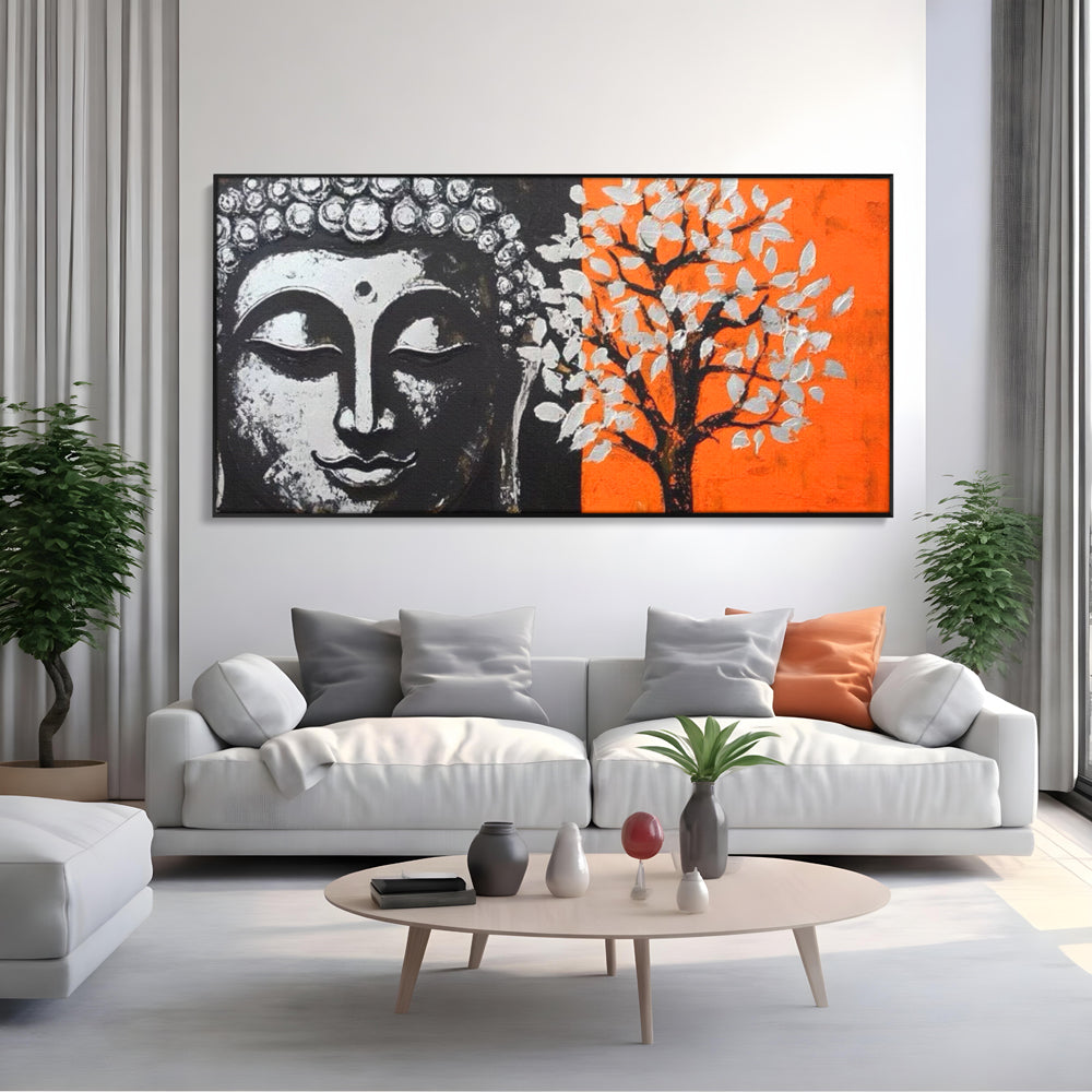 Leinwand Wandkunst Canvas Wandkunst Premium LuxCanva® I153, Lebensbaum, Buddha, Zen, Harmonie, Spiritualität, Energie, Balance, Meditation, Baum, Lebensbaum, Baumbeleuchtung, Orange Wohnen, Schlafzimmer