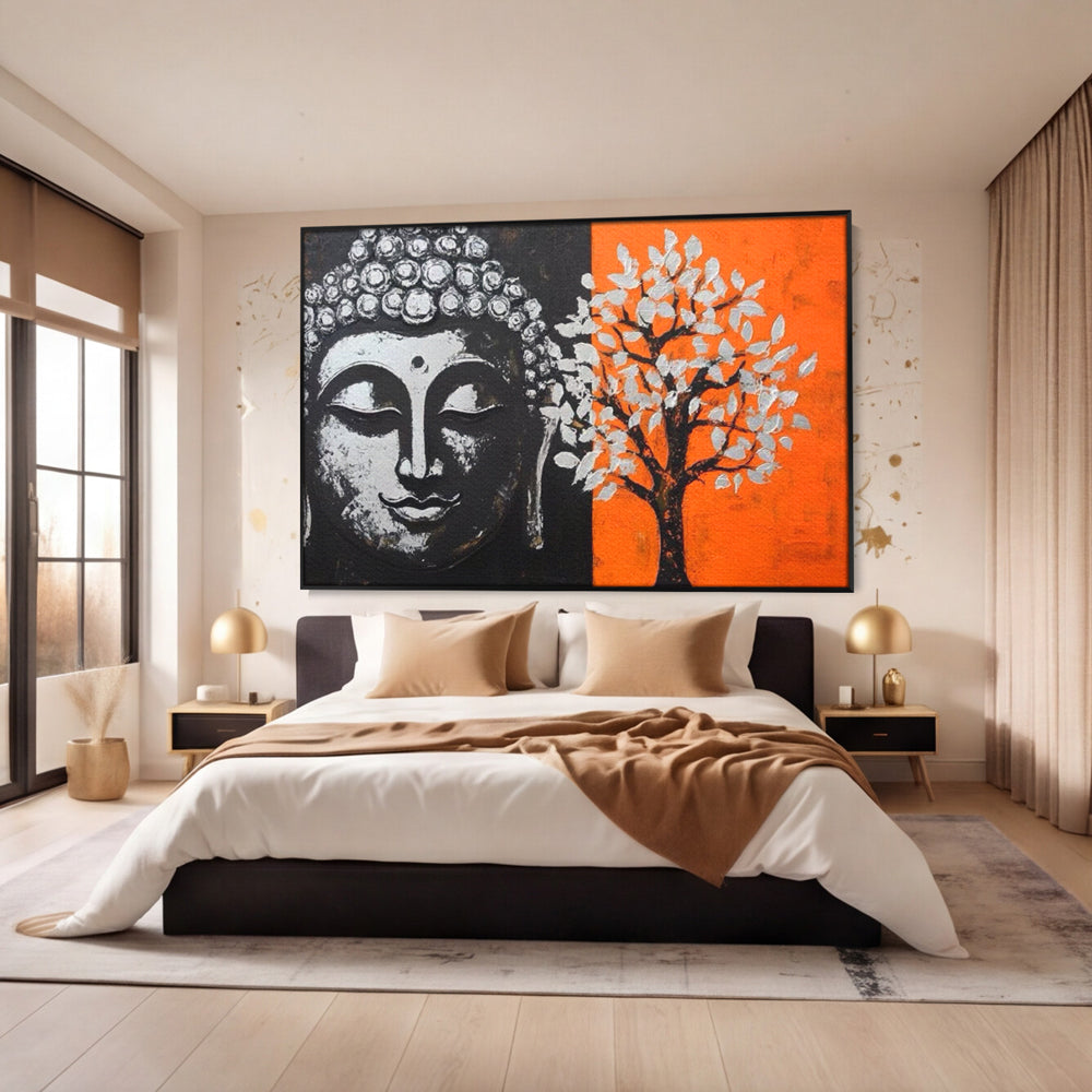 Leinwand Wandkunst Canvas Wandkunst Premium LuxCanva® I153, Lebensbaum, Buddha, Zen, Harmonie, Spiritualität, Energie, Balance, Meditation, Baum, Lebensbaum, Baumbeleuchtung, Orange Wohnen, Schlafzimmer