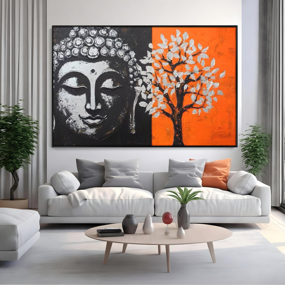 Leinwand Wandkunst Canvas Wandkunst Premium LuxCanva® I153, Lebensbaum, Buddha, Zen, Harmonie, Spiritualität, Energie, Balance, Meditation, Baum, Lebensbaum, Baumbeleuchtung, Orange Wohnen, Schlafzimmer