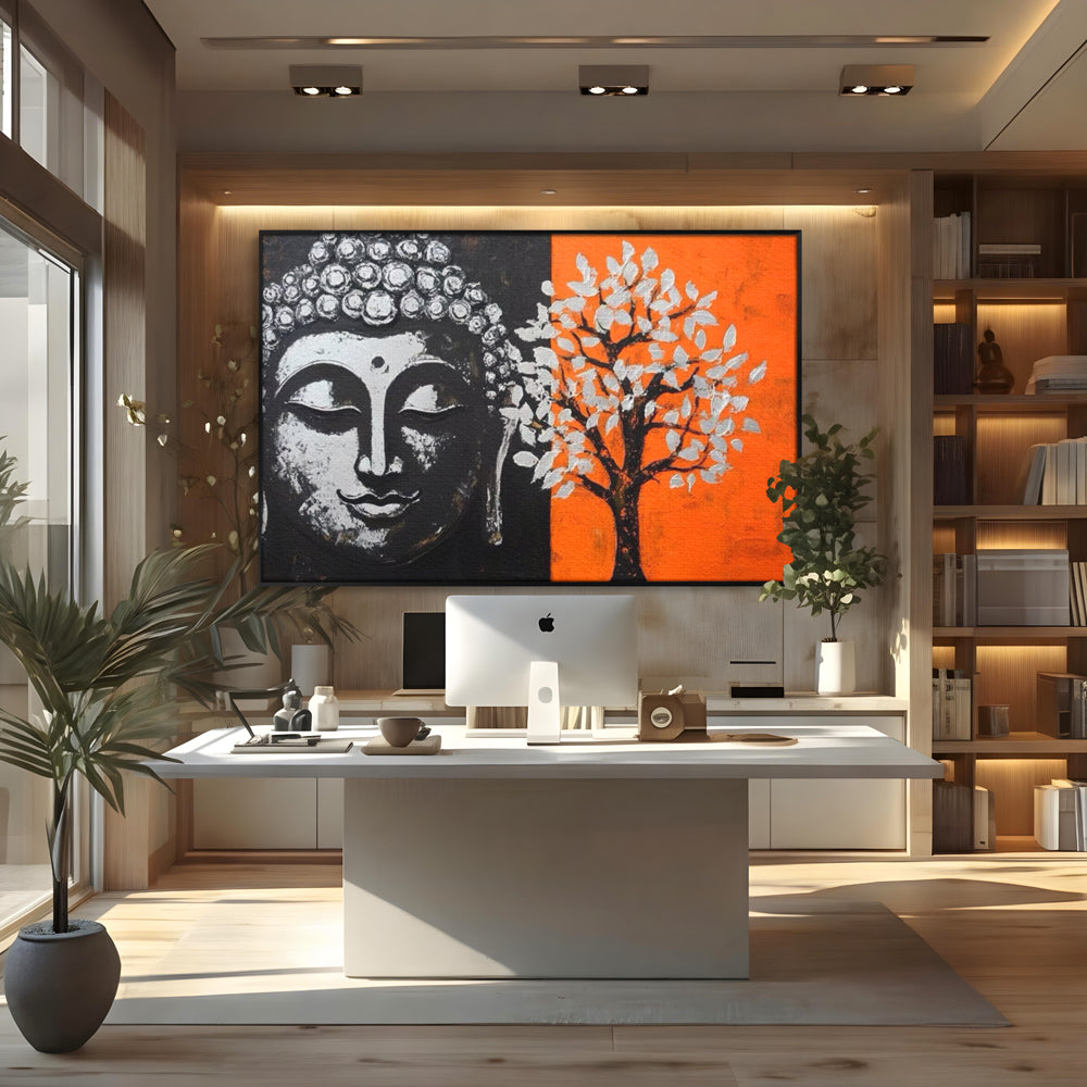 Leinwand Wandkunst Canvas Wandkunst Premium LuxCanva® I153, Lebensbaum, Buddha, Zen, Harmonie, Spiritualität, Energie, Balance, Meditation, Baum, Lebensbaum, Baumbeleuchtung, Orange Wohnen, Schlafzimmer