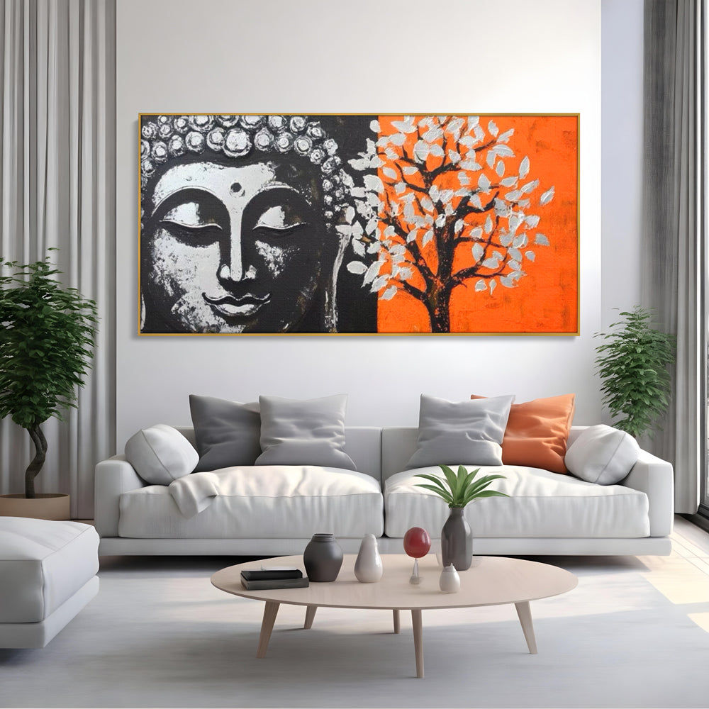 Leinwand Wandkunst Canvas Wandkunst Premium LuxCanva® I153, Lebensbaum, Buddha, Zen, Harmonie, Spiritualität, Energie, Balance, Meditation, Baum, Lebensbaum, Baumbeleuchtung, Orange Wohnen, Schlafzimmer