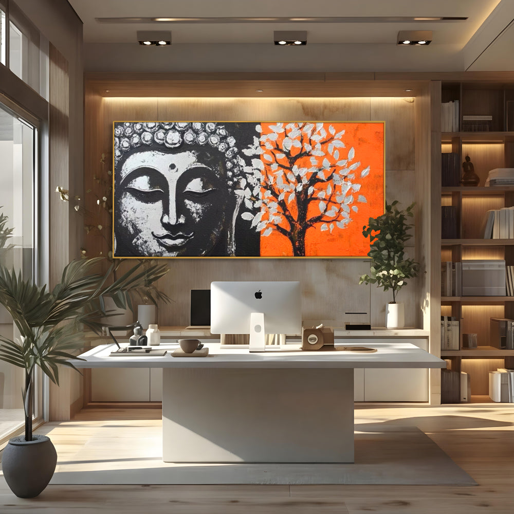 Leinwand Wandkunst Canvas Wandkunst Premium LuxCanva® I153, Lebensbaum, Buddha, Zen, Harmonie, Spiritualität, Energie, Balance, Meditation, Baum, Lebensbaum, Baumbeleuchtung, Orange Wohnen, Schlafzimmer