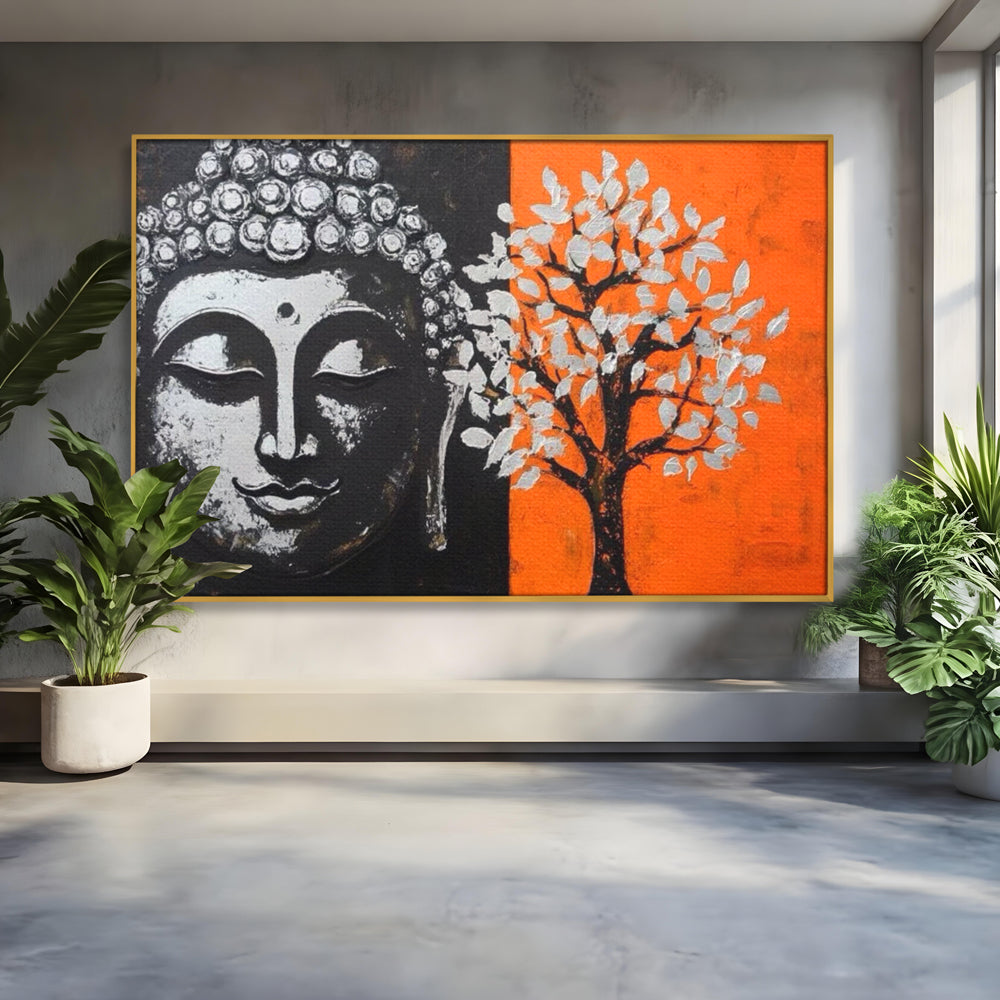 Leinwand Wandkunst Canvas Wandkunst Premium LuxCanva® I153, Lebensbaum, Buddha, Zen, Harmonie, Spiritualität, Energie, Balance, Meditation, Baum, Lebensbaum, Baumbeleuchtung, Orange Wohnen, Schlafzimmer