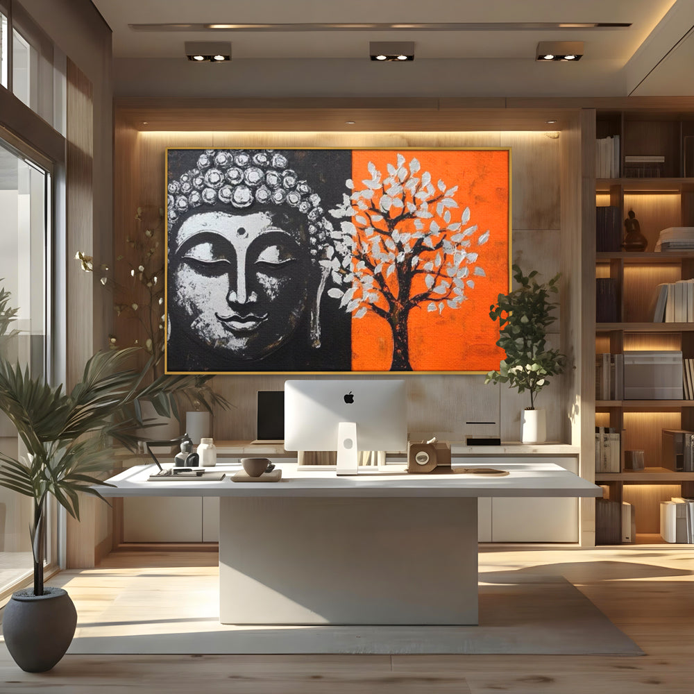 Leinwand Wandkunst Canvas Wandkunst Premium LuxCanva® I153, Lebensbaum, Buddha, Zen, Harmonie, Spiritualität, Energie, Balance, Meditation, Baum, Lebensbaum, Baumbeleuchtung, Orange Wohnen, Schlafzimmer