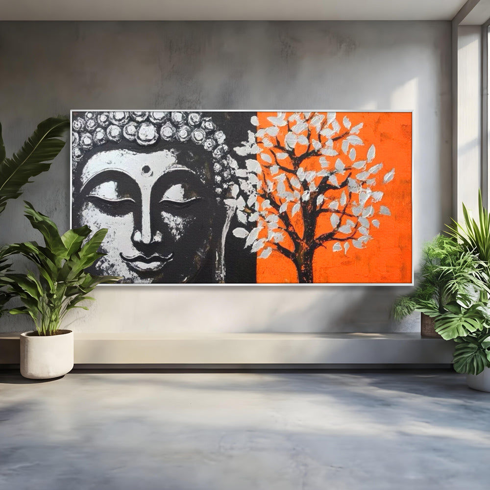 Leinwand Wandkunst Canvas Wandkunst Premium LuxCanva® I153, Lebensbaum, Buddha, Zen, Harmonie, Spiritualität, Energie, Balance, Meditation, Baum, Lebensbaum, Baumbeleuchtung, Orange Wohnen, Schlafzimmer