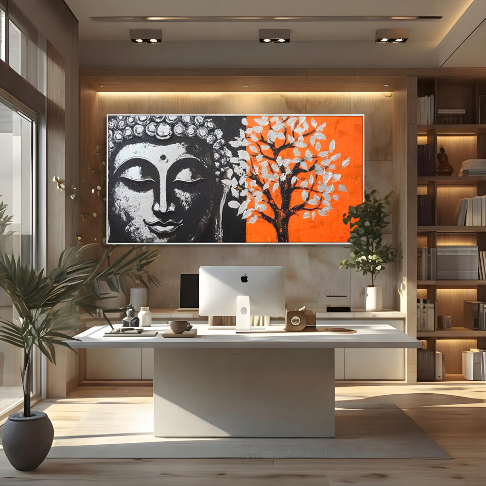 Leinwand Wandkunst Canvas Wandkunst Premium LuxCanva® I153, Lebensbaum, Buddha, Zen, Harmonie, Spiritualität, Energie, Balance, Meditation, Baum, Lebensbaum, Baumbeleuchtung, Orange Wohnen, Schlafzimmer