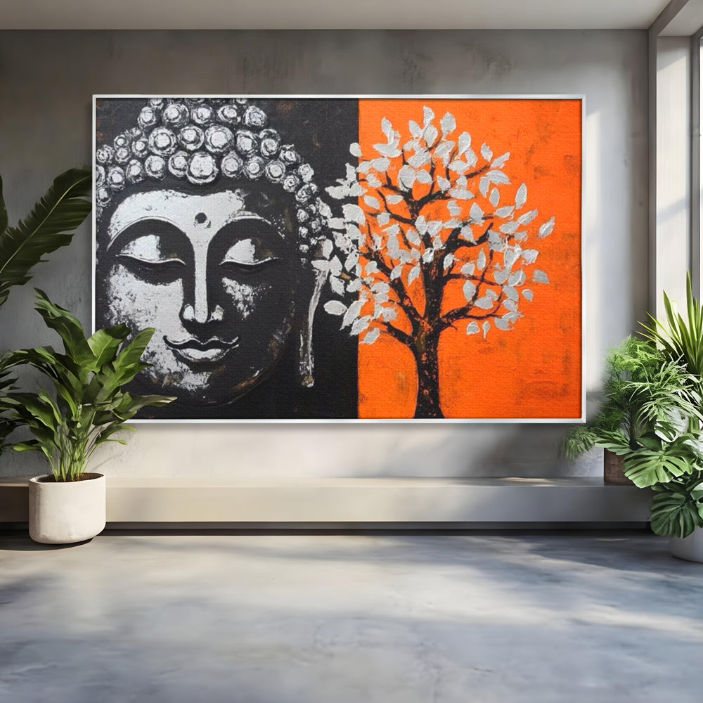 Leinwand Wandkunst Canvas Wandkunst Premium LuxCanva® I153, Lebensbaum, Buddha, Zen, Harmonie, Spiritualität, Energie, Balance, Meditation, Baum, Lebensbaum, Baumbeleuchtung, Orange Wohnen, Schlafzimmer