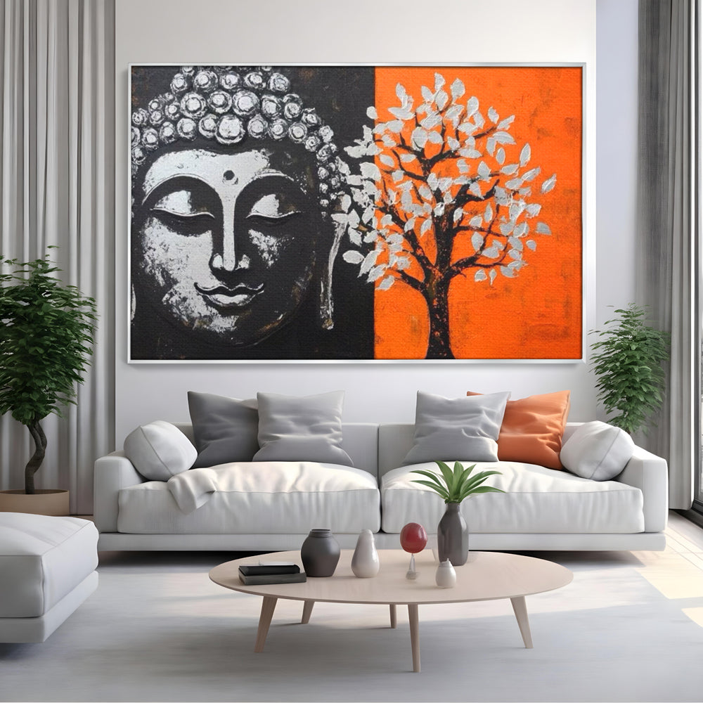 Leinwand Wandkunst Canvas Wandkunst Premium LuxCanva® I153, Lebensbaum, Buddha, Zen, Harmonie, Spiritualität, Energie, Balance, Meditation, Baum, Lebensbaum, Baumbeleuchtung, Orange Wohnen, Schlafzimmer