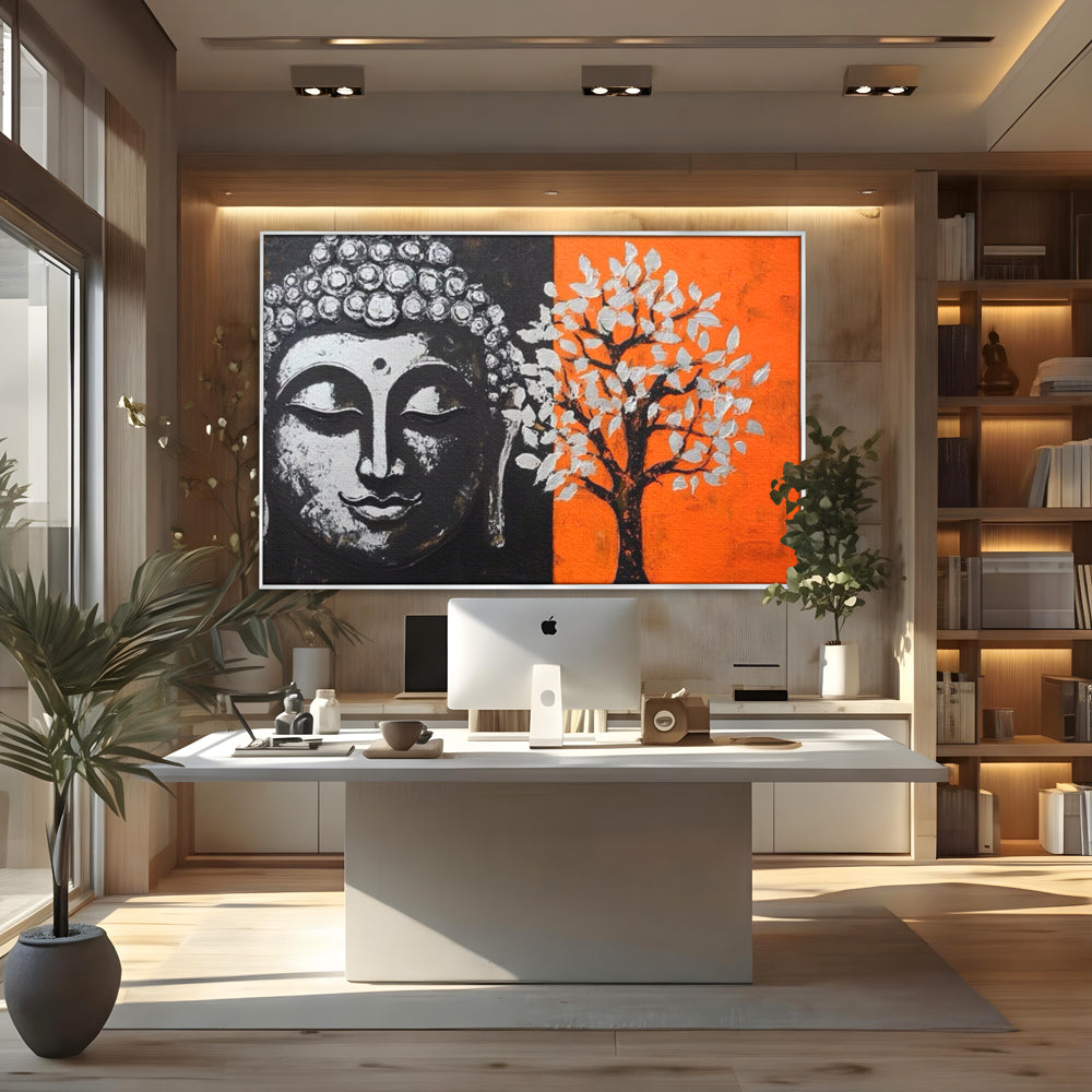 Leinwand Wandkunst Canvas Wandkunst Premium LuxCanva® I153, Lebensbaum, Buddha, Zen, Harmonie, Spiritualität, Energie, Balance, Meditation, Baum, Lebensbaum, Baumbeleuchtung, Orange Wohnen, Schlafzimmer