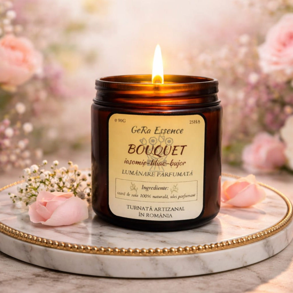 Lumanare parfumata din soia, GeRa Essence, Bouquet - Iasomie, Liliac, Bujor, Zambile, parfum floral, handmade, ceara naturala, ardere 25h, 90g