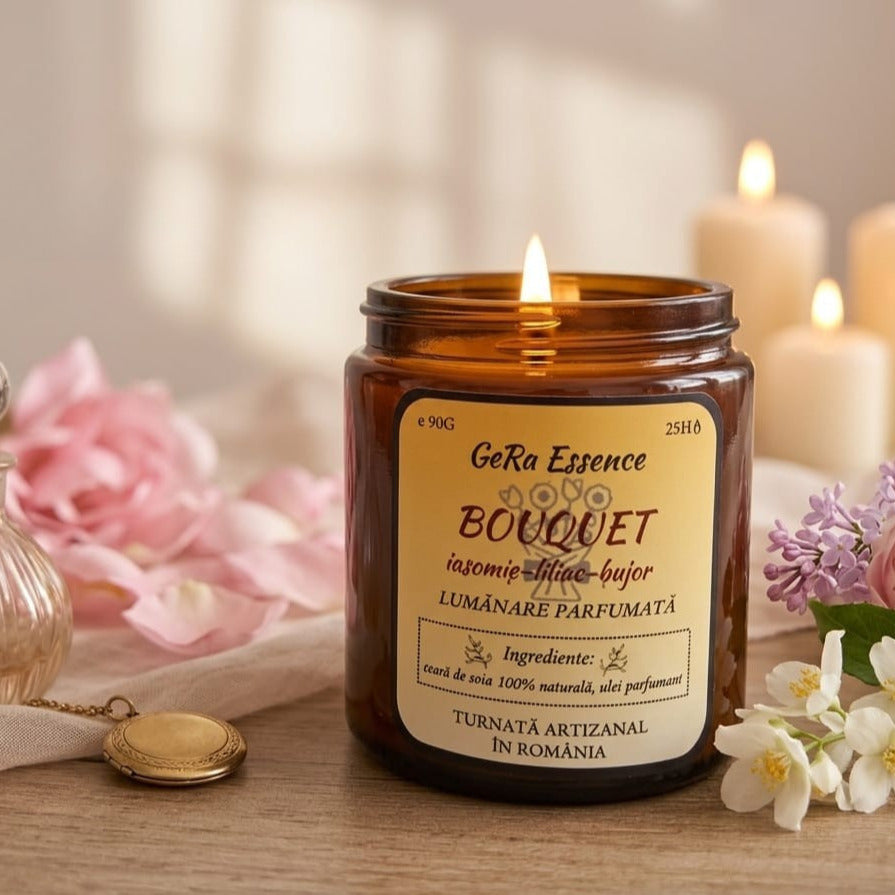 Lumanare parfumata din soia, GeRa Essence, Bouquet - Iasomie, Liliac, Bujor, Zambile, parfum floral, handmade, ceara naturala, ardere 25h, 90g