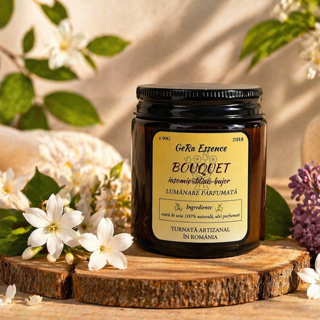 Lumanare parfumata din soia, GeRa Essence, Bouquet - Iasomie, Liliac, Bujor, Zambile, parfum floral, handmade, ceara naturala, ardere 25h, 90g