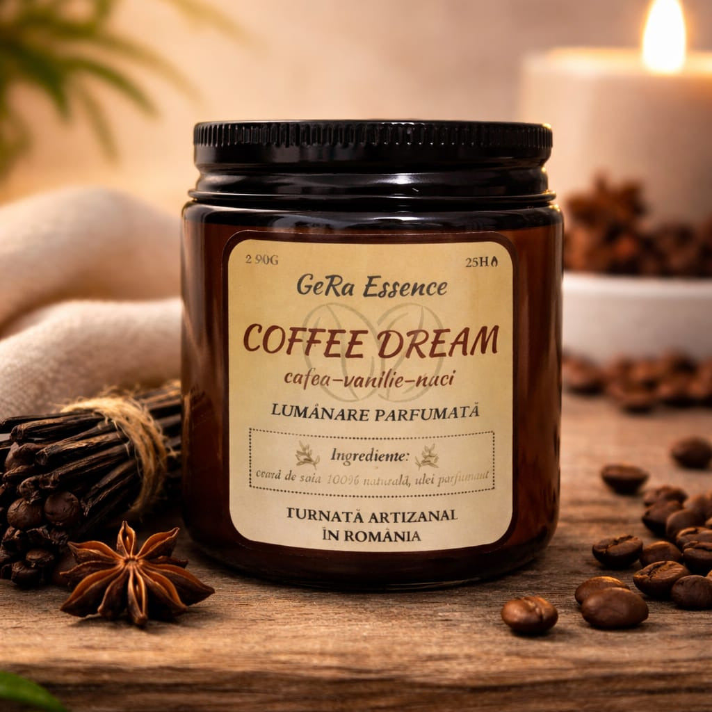 Un borcan LuxCanva® maro Lumanare parfumată din soia, GeRa Essence Coffee Dream, cu o etichetă bilingvă, stă pe o masă printre boabe de cafea prajita, păstăi de vanilie și anason stelat, evidențiind ceara naturala și ingredientele premium fabricate manual.
