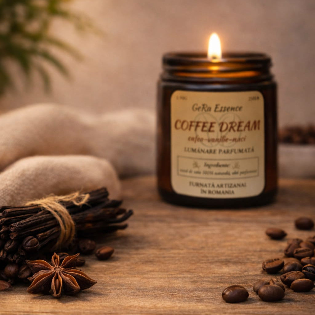 Lumanare parfumata din soia, GeRa Essence, Coffee Dream - Cafea prajita, vanilie, nuci, parfum cald, dulce, handmade, ceara naturala, ardere 25h, 90 g