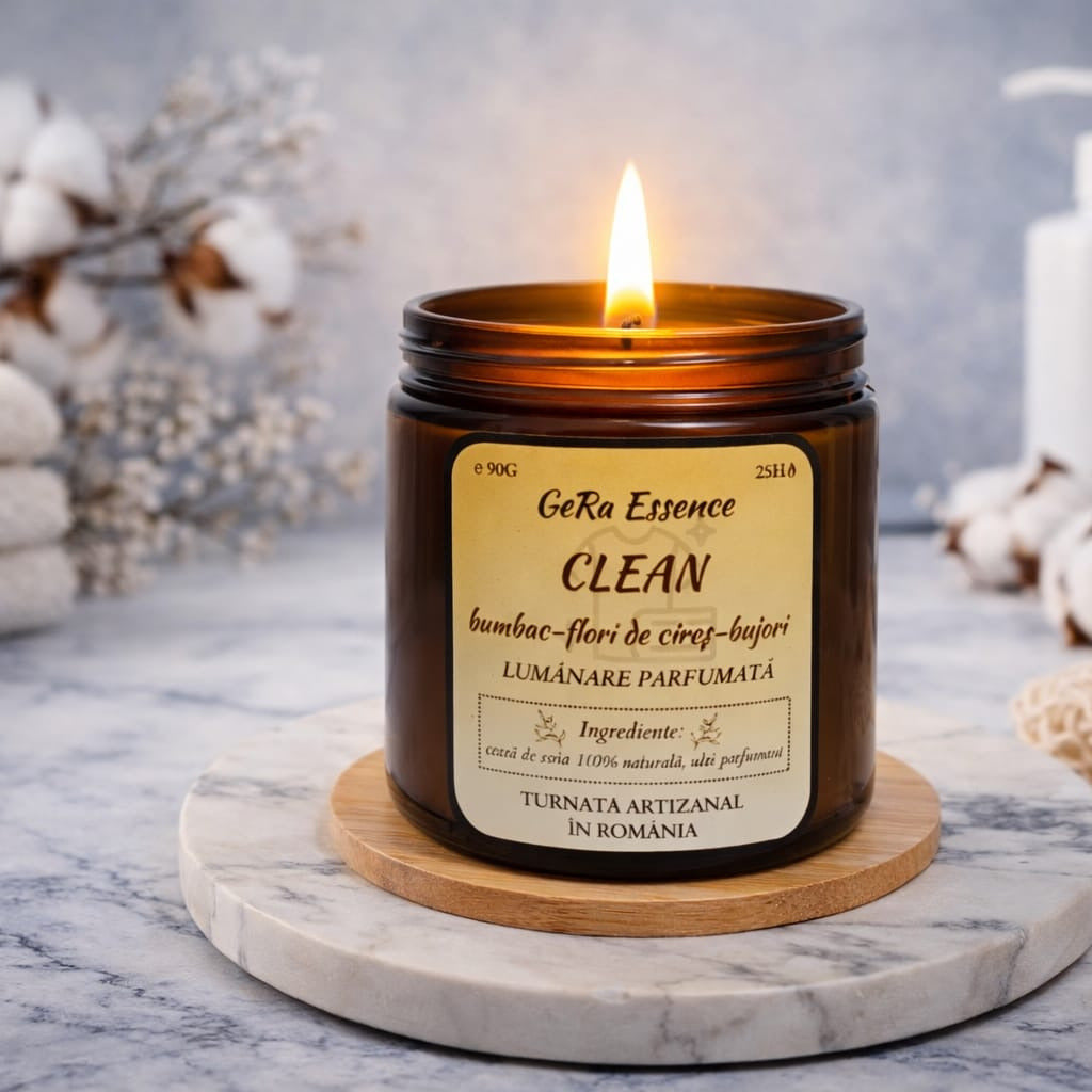 Lumanare parfumata din soia, GeRa Essence, Clean - Bumbac, Flori de cires, Bujori, parfum curat, handmade, ceara naturala, ardere 25h, 90g