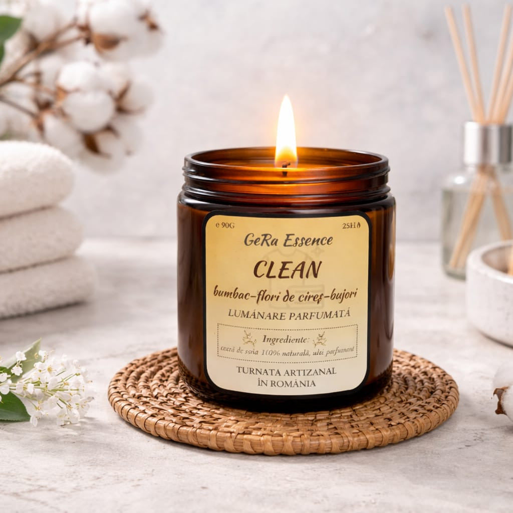 Lumanare parfumata din soia, GeRa Essence, Clean - Bumbac, Flori de cires, Bujori, parfum curat, handmade, ceara naturala, ardere 25h, 90g