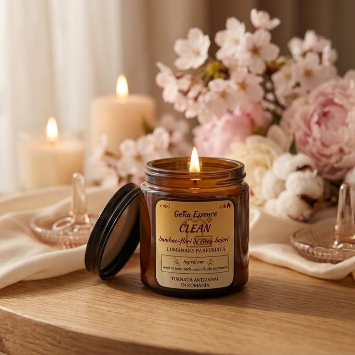 Lumanare parfumata din soia, GeRa Essence, Clean - Bumbac, Flori de cires, Bujori, parfum curat, handmade, ceara naturala, ardere 25h, 90g