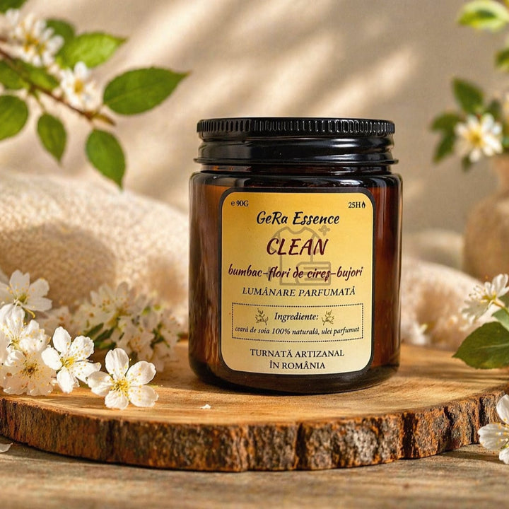 Lumanare parfumata din soia, GeRa Essence, Clean - Bumbac, Flori de cires, Bujori, parfum curat, handmade, ceara naturala, ardere 25h, 90g