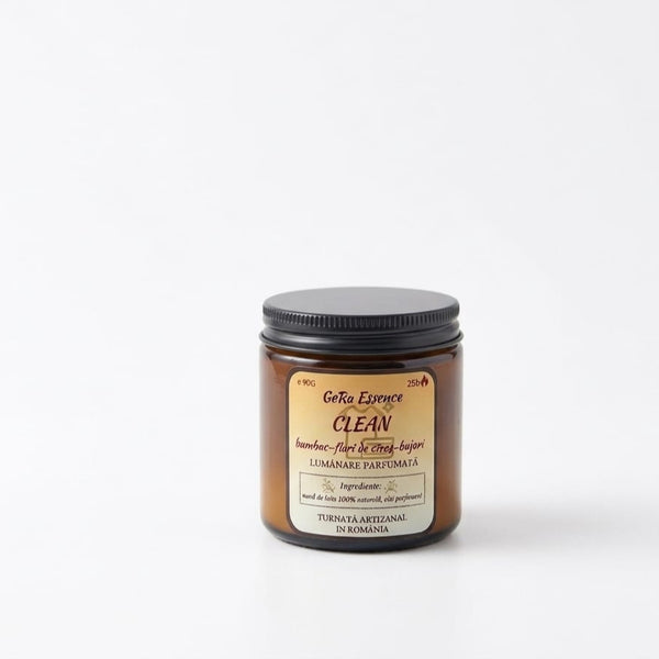 Lumanare parfumata din soia, GeRa Essence, Clean - Bumbac, Flori de cires, Bujori, parfum curat, handmade, ceara naturala, ardere 25h, 90g
