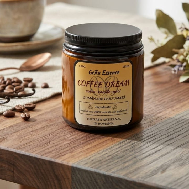 Lumanare parfumata din soia, GeRa Essence, Coffee Dream - Cafea prajita, vanilie, nuci, parfum cald, dulce, handmade, ceara naturala, ardere 25h, 90 g