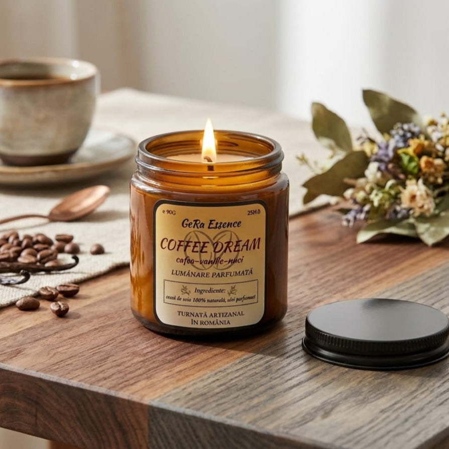Lumanare parfumata din soia, GeRa Essence, Coffee Dream - Cafea prajita, vanilie, nuci, parfum cald, dulce, handmade, ceara naturala, ardere 25h, 90 g