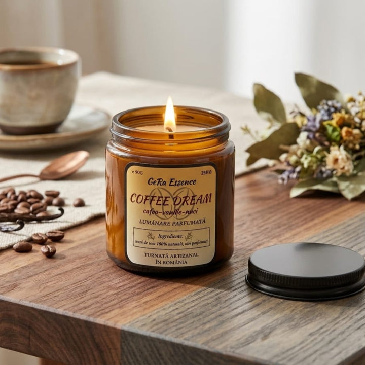 Lumanare parfumata din soia, GeRa Essence, Coffee Dream - Cafea prajita, vanilie, nuci, parfum cald, dulce, handmade, ceara naturala, ardere 25h, 90 g