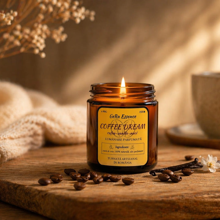 Lumanare parfumata din soia, GeRa Essence, Coffee Dream - Cafea prajita, vanilie, nuci, parfum cald, dulce, handmade, ceara naturala, ardere 25h, 90 g