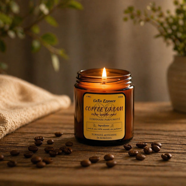 Lumanare parfumata din soia, GeRa Essence, Coffee Dream - Cafea prajita, vanilie, nuci, parfum cald, dulce, handmade, ceara naturala, ardere 25h, 90 g