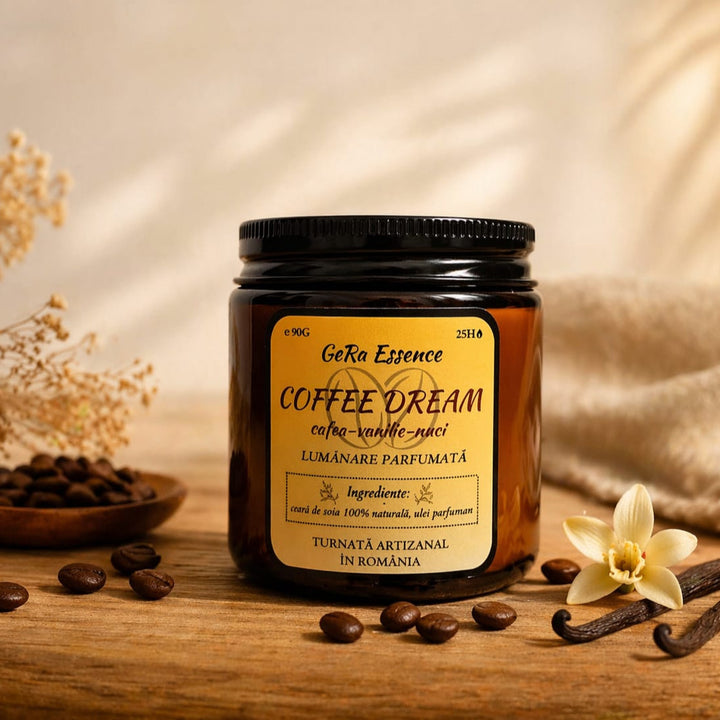 Lumanare parfumata din soia, GeRa Essence, Coffee Dream - Cafea prajita, vanilie, nuci, parfum cald, dulce, handmade, ceara naturala, ardere 25h, 90 g