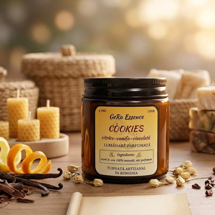 O lumânare de soia LuxCanva® GeRa Essence de 90 g etichetată "Cookies - Citrice, ciocolata condimentata, vanilie" se află printre condimente, coji de portocale, vanilie, coșuri și lumânări. Ceața confortabilă evocă o căldură de parfum dulce gourmand făcut manual.