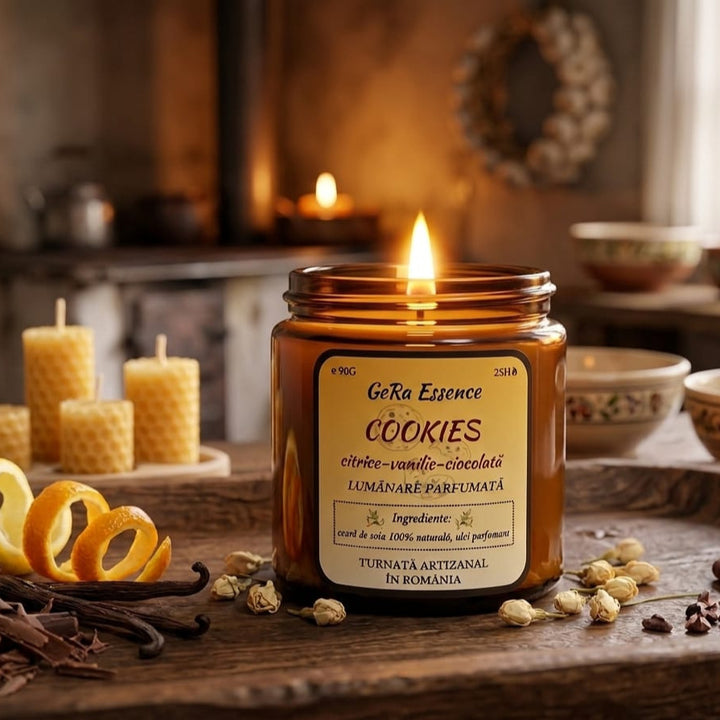 Lumanare parfumata din soia, GeRa Essence, Cookies - Citrice, ciocolata condimentata, vanilie, parfum dulce, gourmand, handmade, ceara naturala, ardere 25h, 90 g