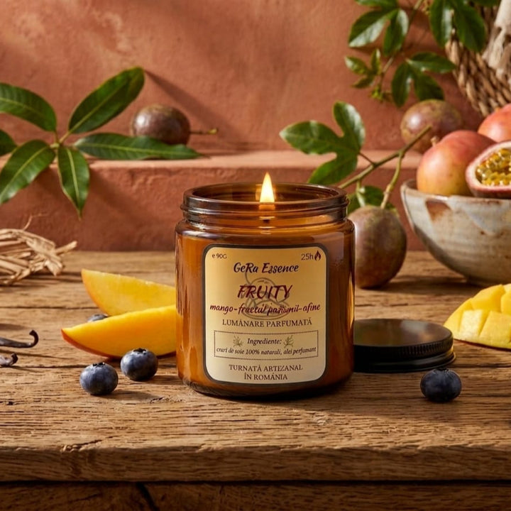 Lumanare parfumata din soia, GeRa Essence, Fruity - Fructul pasiunii, mango afine, parfum fructat, handmade, ceara naturala, ardere 25h, 90 g