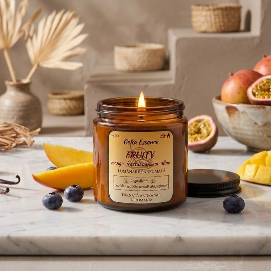 Lumanare parfumata din soia, GeRa Essence, Fruity - Fructul pasiunii, mango afine, parfum fructat, handmade, ceara naturala, ardere 25h, 90 g