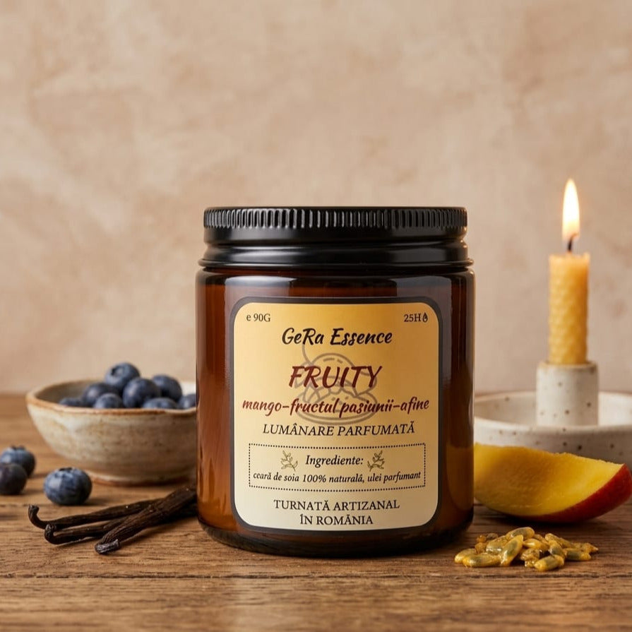 Lumanare parfumata din soia, GeRa Essence, Fruity - Fructul pasiunii, mango afine, parfum fructat, handmade, ceara naturala, ardere 25h, 90 g