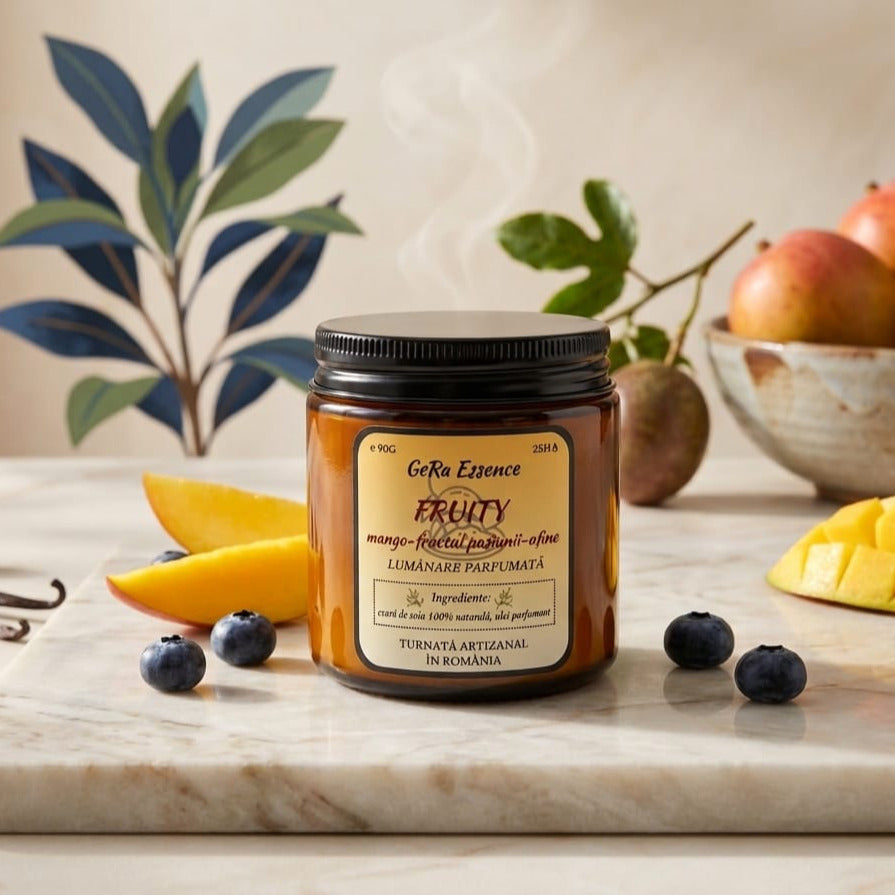 O lumânare parfumată din soia LuxCanva® GeRa Essence Fruity (fructul pasiunii, mango, afine, 90g, 25h ardere) este așezată pe o suprafață de marmură, alături de fructe proaspete și plante verzi în fond neutru.