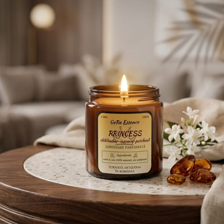 Lumanare parfumata din soia, GeRa Essence, Princess - Chihlimbar, Iasomie, Patchouli, parfum senzual, feminin, handmade, ceara naturala, ardere 25h, 90 g