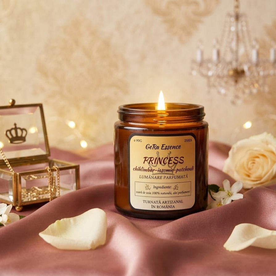 Lumanare parfumata din soia, GeRa Essence, Princess - Chihlimbar, Iasomie, Patchouli, parfum senzual, feminin, handmade, ceara naturala, ardere 25h, 90 g