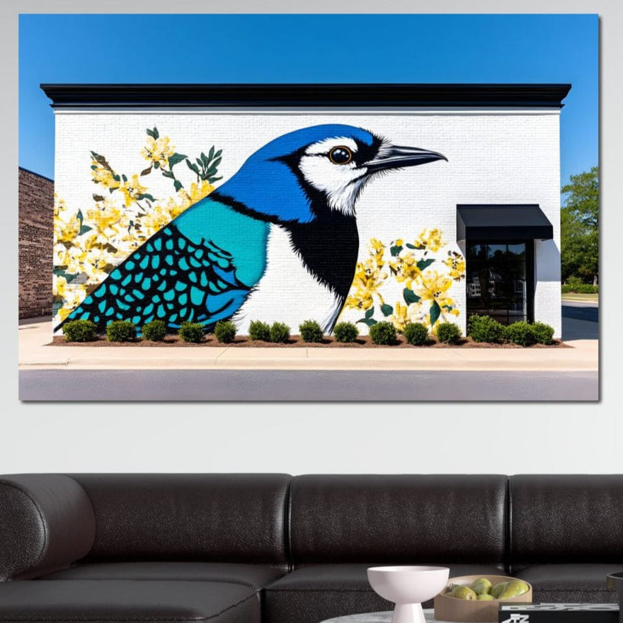 tablou canvas cu o pasare albastra pe peretele alb al unei cladiri, decorat cu flori galbene in stilul unei picturi murale