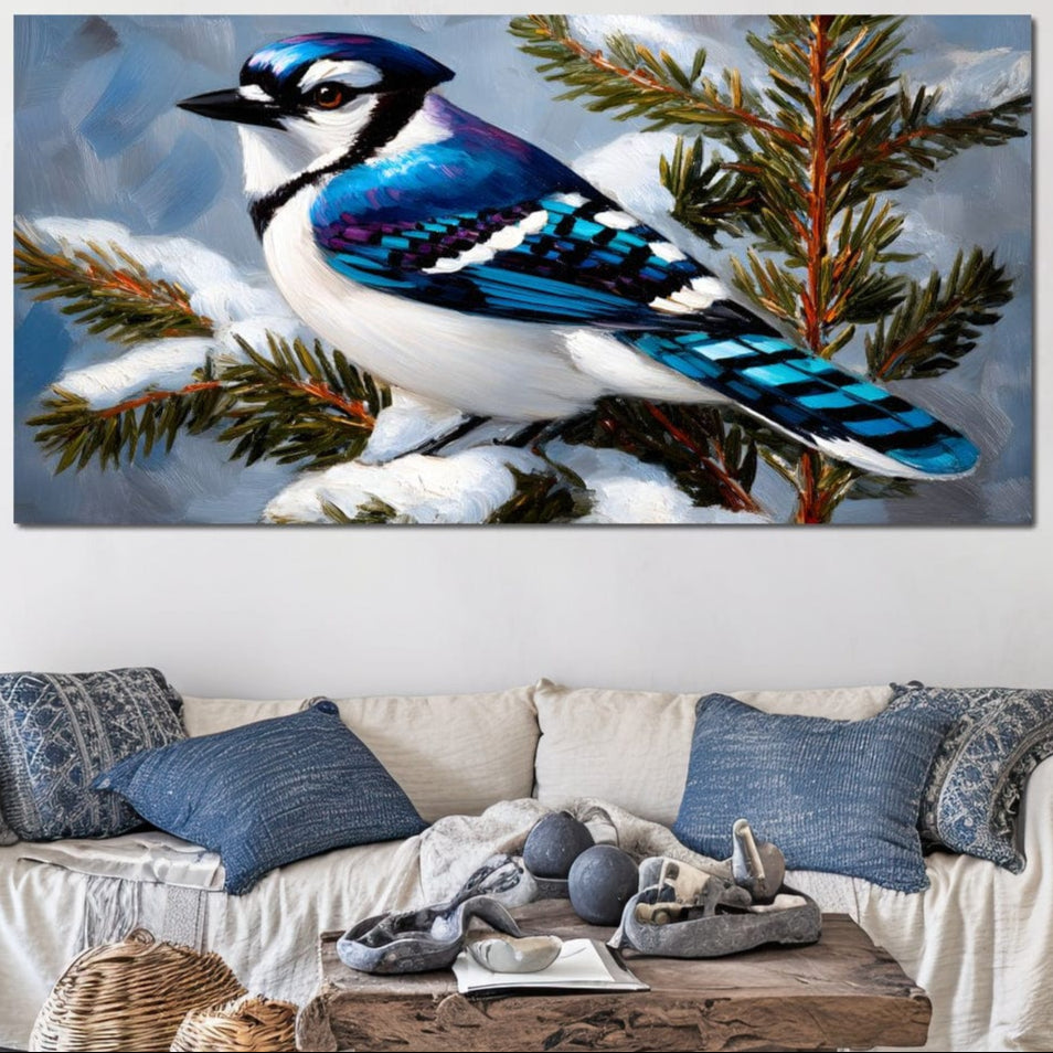 tablou canvas cu o pasare albastra pe o ramura de conifer acoperita de zapada, pe fundal de iarna
