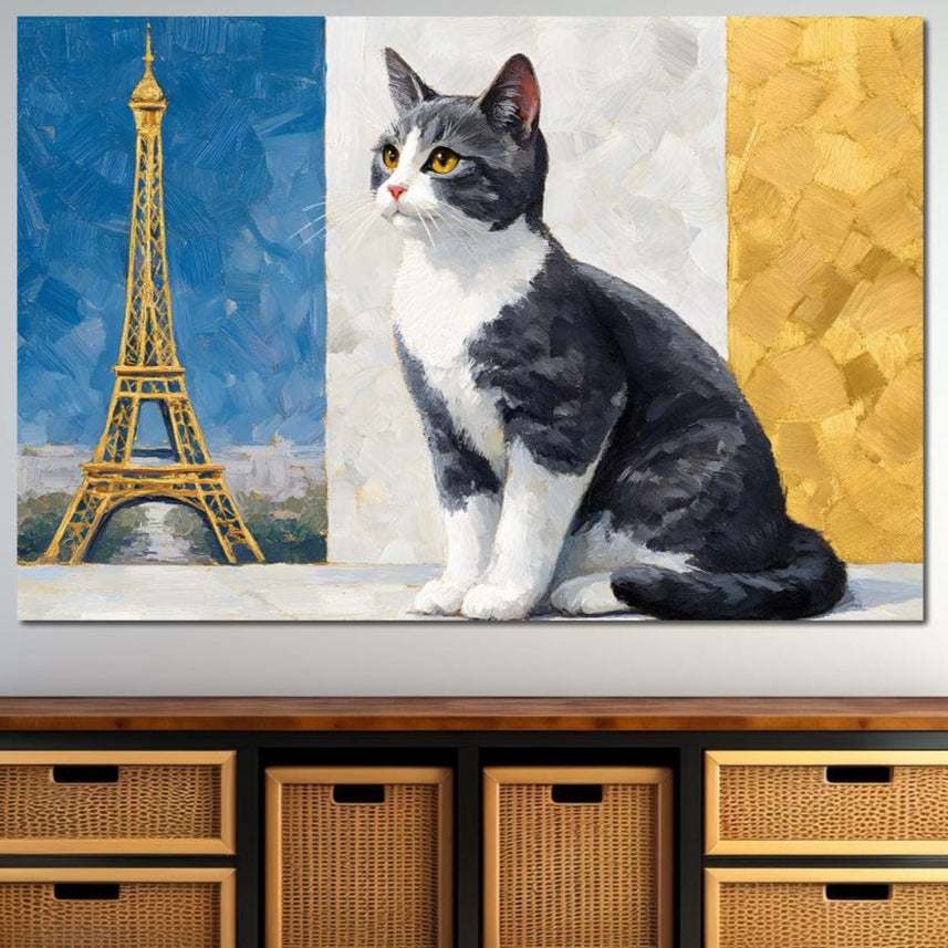 tablou canvas cu o pisica gri cu alb, pe fundal tricolor cu Turnul Eiffel redat in accente aurii