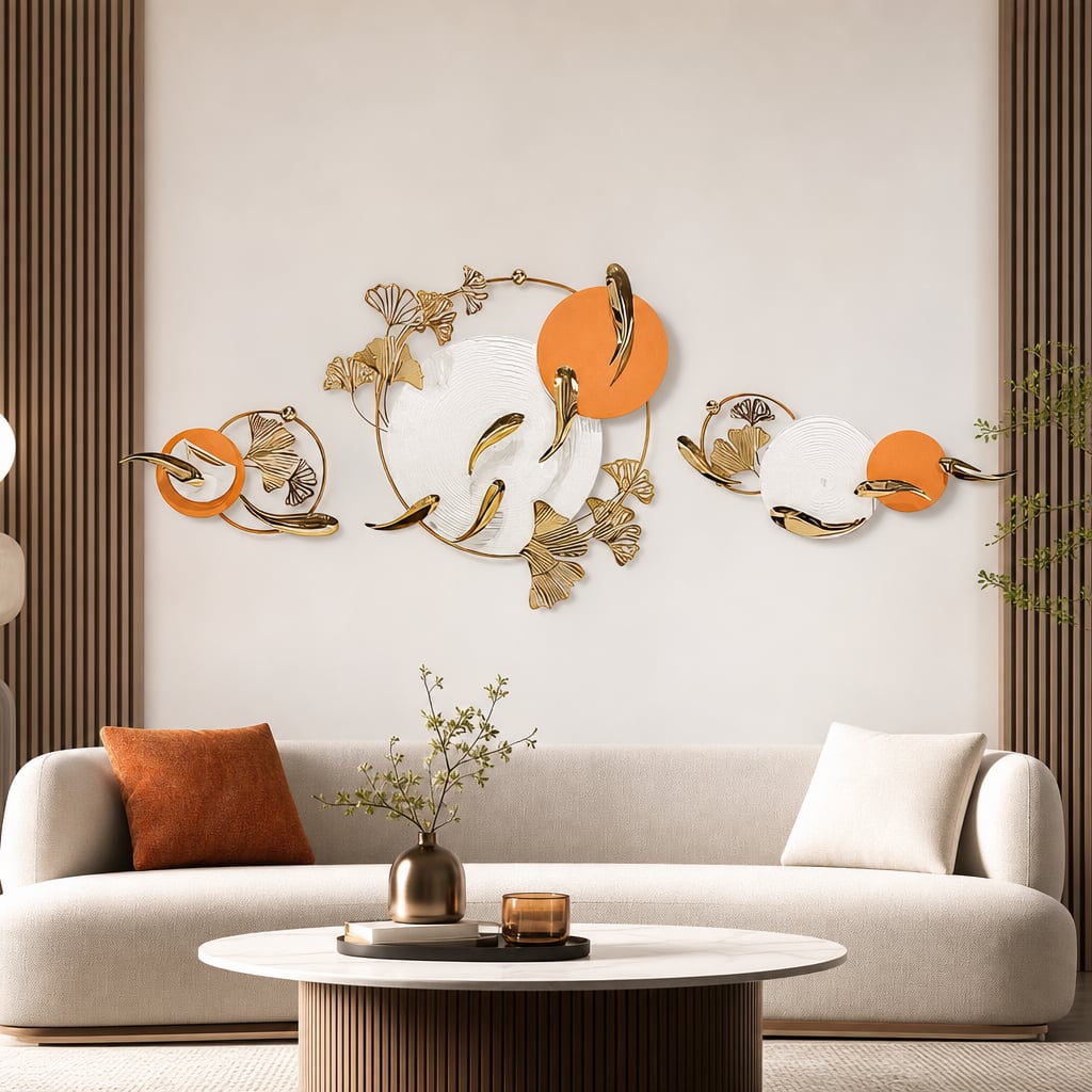 Metall Wanddekoration LuxCanva® Sonne Aura A2556, aus Metall, horizontal, weiß, gold und orange, Großformat 200 x 65 cm