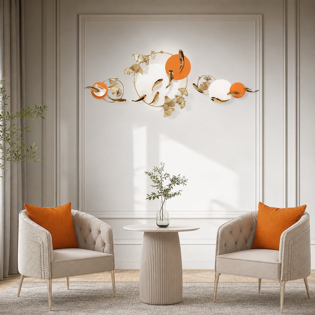 Metall Wanddekoration LuxCanva® Sonne Aura A2556, aus Metall, horizontal, weiß, gold und orange, Großformat 200 x 65 cm