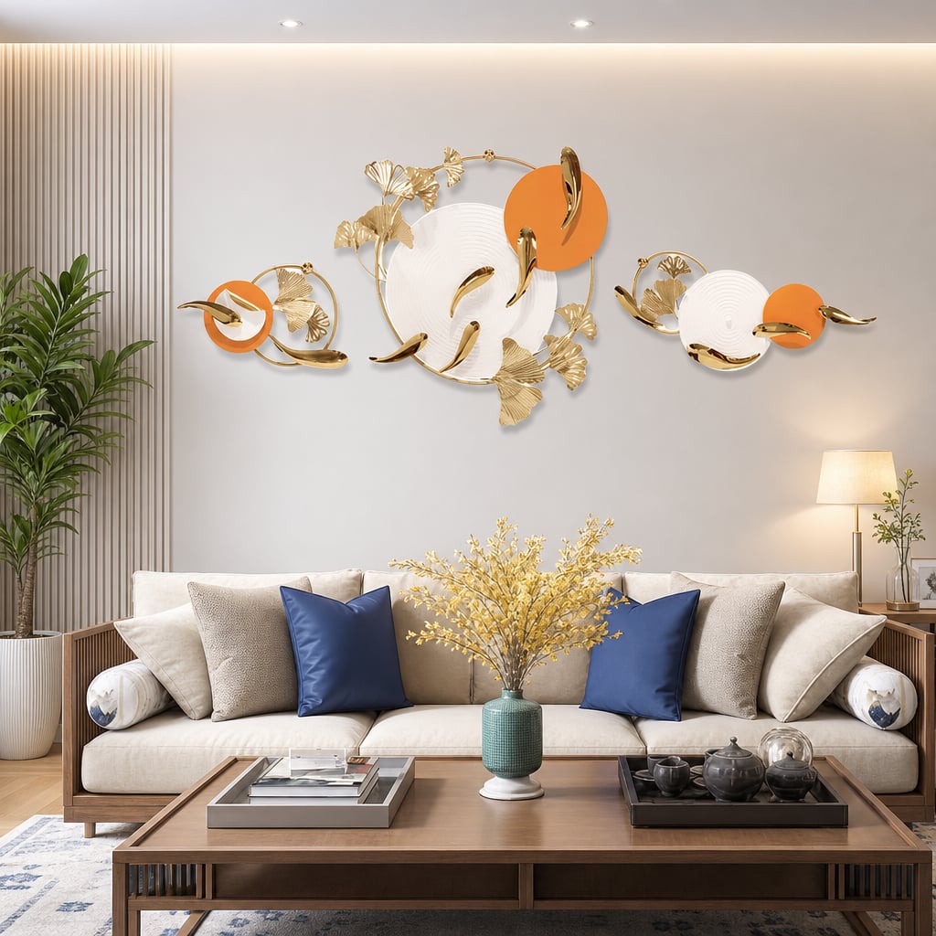 Metall Wanddekoration LuxCanva® Sonne Aura A2556, aus Metall, horizontal, weiß, gold und orange, Großformat 200 x 65 cm